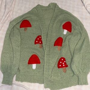 Green Mushroom cardigan with red mushrooms
